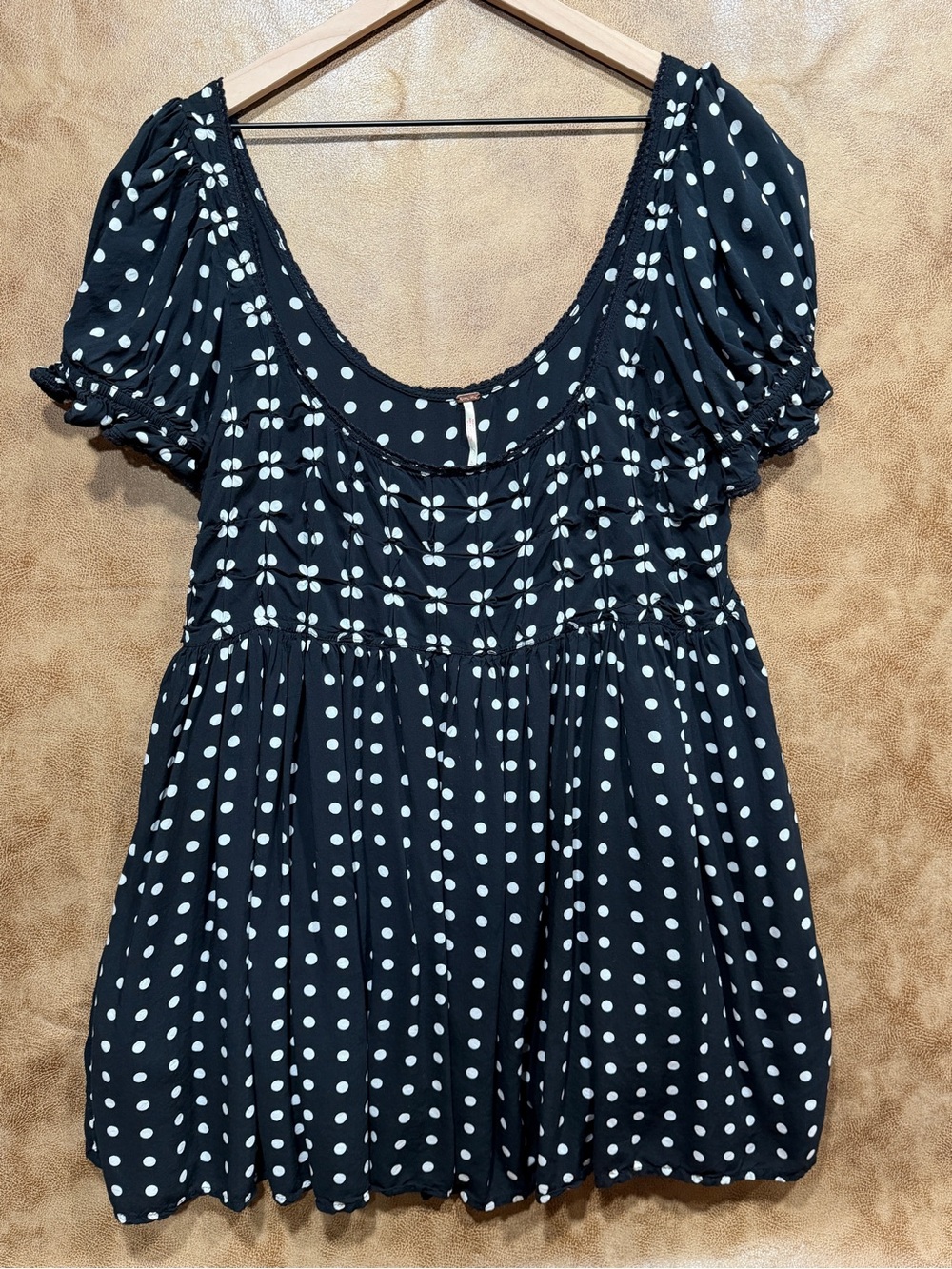 Free People Black White Polka Dot Mini Dress Size L Pocket Babydoll